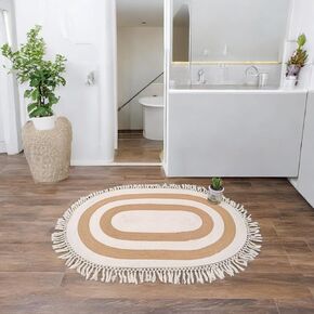 Bohemian Hand-Woven Tassel Braided Rug - MultiColor Splicing, Foldable & Machine Washable - Non-Slip & Quick Drying - Suitable for Bedrooms, Bathrooms, Kitchens & Doorways (Nature&White, 31x47inch)