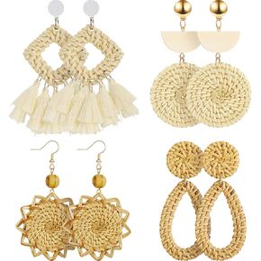 4 Pairs Rattan Earrings Lightweight Geometric Tassel Woven Bohemian Earrings Handmade Straw Wicker Braid Hoop Drop Dangle Earrings For Women Girls