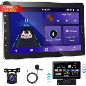 [1G+32G] 10.1 inch Android 13 Single Din Car Stereo with Detachable Screen, 10 inch Touch Screen Radio with Mirror Link/1080P/EQ Audio/SWC/Bluetooth + AHD Backup Camera + MIC