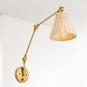 Wall Sconce Rattan Wrapped Wall Sconces Set of Two, Adjustable Swing Arm Wall Light Fixture Vintage Bedside Light Wicker Handmade Shade Brass Reading Light