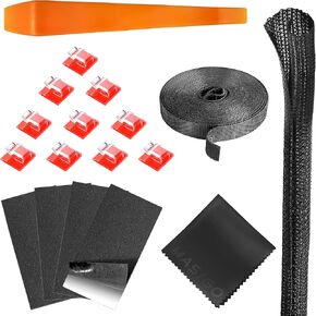 Dash Cam Cable Management Kit – Auto Trim Tool, 10 Clips, 9.8 ft Reusable Cable Ties, 20" Sleeve, Adhesive Foam Sheets, Premium Cleaning Cloth – Vehicle Wire Organizer