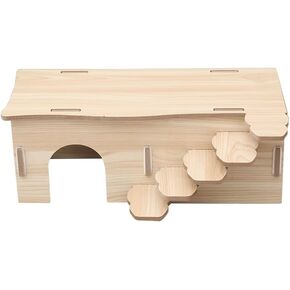 Tiny Hamster Maze Wood House Fun Slide House Double-Decker Hut for Dwarf Gerbil Mouse Mice Rat Small Animals(Only for Small Hamster)，Wooden Hamster Hideout for Small Animal-Three Holes