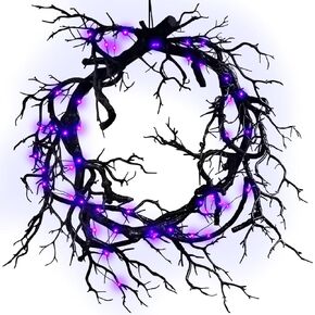 Halloween Black Branch Wreaths for Front Door Decorations with Lights, Handmade Halloween Horror Wreath, Halloween Hanging Decorations for Party Wall Indoor Outdoor(Black Branch)