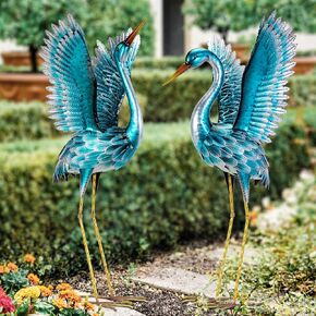 Natelf Garden Crane Sculptures & Statues, Blue Heron Decor Outdoor Large Bird Yard Art, Standing Metal Heron Lawn Ornaments for Home Patio Porch Backyard Decorations(Set of 2)