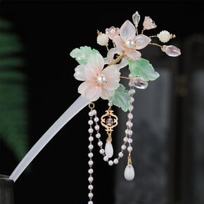 Gardenia Pearl Tassels Hairpin Chinese Hanfu Style Hair Fork Retro Flower with Metal Handmade Hair Clip Hair Accessories for Women Girls Long Hair (Gardenia)