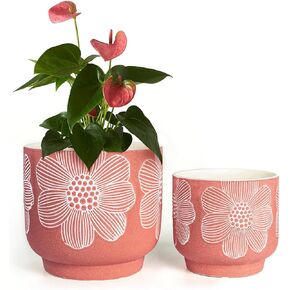 YBX 8 Inch + 6 Inch White Flower Pattern Plant Pots, Sand Glazed Ceramic Planter with Drainage Hole, Flower Pots for Indoor Plants, Green