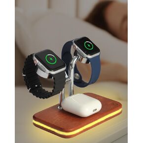 Dual Watch Charger with LED Touch Night Light,Charging for Apple Watch Series 9 8 7 6 5 4 3 2 1 Se Se2 Ultra Ultra 2,Wood Watch Charging Stand,iWatch and Airpod Charging Station,Gifts for Men Dad