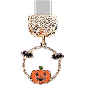 ELISE & FONDA TP281 Type-C USB Charging Port Crystal Anti Dust Plug Halloween Pumpkin Bat Cell Phone Charm for Samsung/Huawei/OnePlus/Xiaomi/oppo Android Phones (Black)