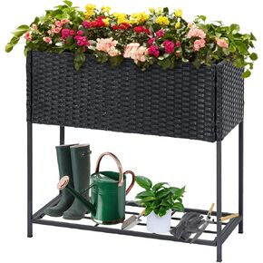 LEWIS&WAYNE Raised Garden Beds Outdoor with Legs Handmade Wicker Planter Box with Removable Liner & Storage Shelf Elevated Garden Bed for Vegetable Flower Herb - Brown