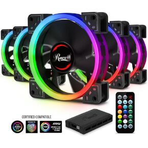 Rosewill RGBF-23001 120mm Dual Ring Addressable RGB Case Fan Hub Set, True RGB LED Case Fans (5-Pack) and 8-Port Fan Hub, Ultra Quiet Cooling with Long Life Rifle Bearings