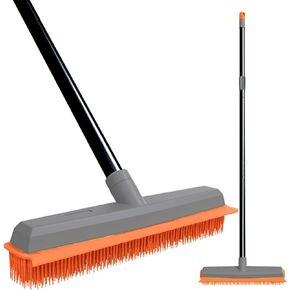 Rubber Broom Carpet Rake Pet Hair Remover Broom with Squeegee Extension Push Broom for Carpet Hardwood Floor Tile Windows Cleaning