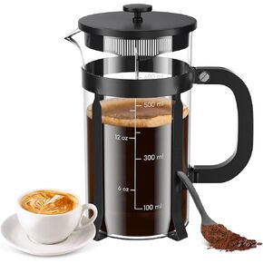 French Press Coffee Maker, 21 Ounce, Stainless Steel, Cold Brew Heat Resistant Borosilicate Glass Espresso Coffee & Tea Maker with 4 Filter