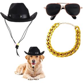3 Pieces Pet Dog Cat Costume Set- 1Pcs Pet Sunglasses,1 Pcs Western Cowboy Hat, 1 Pcs Gold Chain,Cosplay Costume Photo Props for Small Dog Cat