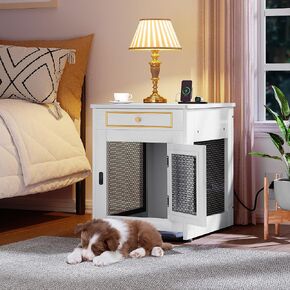 YITAHOME Dog Crate Furniture with Dual USB Charger, Wooden Dog Kennel End Table with Cushion Tray, Drawer for Small Dogs Under 25 lbs Indoor Use, Black
