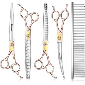 Gimars 8 Inch Professional 440C Stainless Steel Dog Grooming Scissors Heavy Duty 6 In 1 - Straight, Thinning, Chunker, Curved Shears and Comb, Ergonomic Pet Grooming Scissor for Dogs, Cats