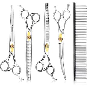Gimars 8 Inch Professional 440C Stainless Steel Dog Grooming Scissors Heavy Duty 6 In 1 - Straight, Thinning, Chunker, Curved Shears and Comb, Ergonomic Pet Grooming Scissor for Dogs, Cats in Kuwait