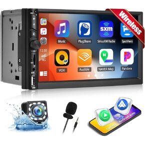 [Upgrade Wireless] Double Din Car Stereo with Wireless CarPlay Wireless Android Auto 7 Inch Car Audio Receiver Car Radio Touchscreen with Bluetooth 5.1, Mirror Link, Backup Camera, FM, SWC, USB/AUX/TF