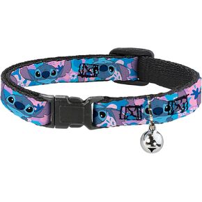 Disney Cat Collar, Breakaway Collar with Bell, Lilo and Stitch Stitch Flip Expressions Close Up Blues Pinks, 8.5 to 12 Inches 0.5 Inch Wide