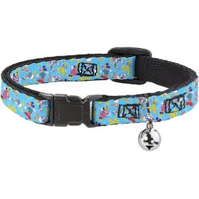 Disney Cat Collar, Breakaway Collar with Bell, Disney 100 Mickey and Friends Poses Scattered Blue, 8.5 to 12 Inches 0.5 Inch Wide