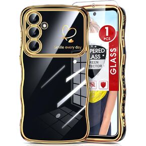 LeYi for Samsung Galaxy S23-FE Case: with Glass Screen Protector, Full Camera Protection Wavy Curvy Luxury Plated Gold Edge Love Heart Cute Girly Shockproof Phone Case Cover Samsung S23FE, Black