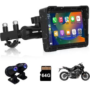 Motorcycle Dash Cam, Wireless Apple CarPlay & Android Auto for Motorbike, 5" Motorcycle Waterproof GPS Navigation Motorcycle Carplay with Front and Rear Cameras, Dual Bluetooth, TF-64G