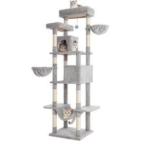 Cat Tree, 81-Inch Tall Cat Tower with Scratching Post, Plush Multi-Level Cat Condo with 2 Perches, 2 Caves, 2 Basket, Hammock for Indoor Cats Grey