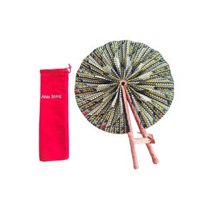Ahiastring African Fabric Folding Fan: Church, Ankara, Leather, Wedding, Sports, and Pouch Included! (Ahia 300)