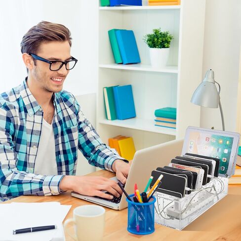 Barydat 10 Device Acrylic Cell Phone Charging Stations Dock Clutter Organizer Charging Stand for Multiple Devices Desk Rack Compatible with Phone, Laptops Tablets, Watch in Saudi Arabia