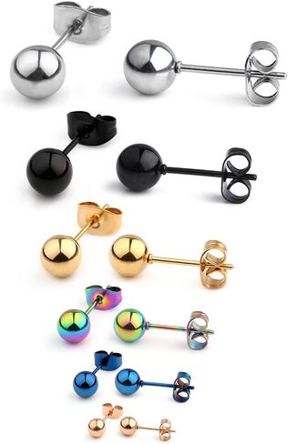 Ruifan 20G Stainless Steel Ball Stud Earrings for Men Women Round 3-8mm 6Pairs in Saudi Arabia