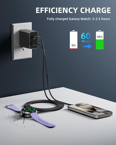 for Samsung Galaxy Watch Charger Compatible with Galaxy Watch 7/6/6 Classic/FE/5/5 Pro/4/4 Classic/3/Active 2/Active1, 5FT Type C Port Cable, Black in Kuwait