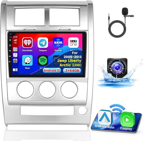 راديو ستيريو للسيارة 2+64G Android 13 CarPlay لسيارة Jeep Liberty Arctic 2008-2013 (LHD)، شاشة لمس عالية الدقة 10.1 بوصة متوافقة مع Android Auto، كاميرا احتياطية AHD، وصلة مرآة، GPS، WiFi، FM RDS in Saudi Arabia