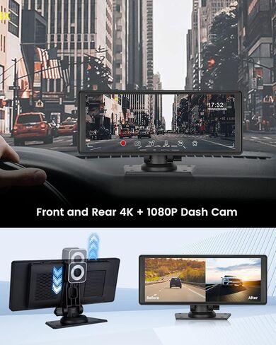 شاشة Carplay محمولة للسيارة مع كاميرا داش 4K، شاشة لمس 10.26 بوصة لاسلكية Carplay وAndroid Auto، التحكم الصوتي، FM AUX in Kuwait