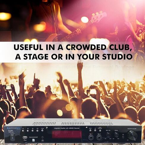 مضخم صوت متكامل بقدرة 1200 واط مع مدخلات ميكروفون مزدوجة 1/4 بوصة مع عناصر تحكم في مستوى الصوت والصدى، ومدخلات USB وبطاقة SD، وتشغيل ملفات mp3 من محركات أقراص USB وبطاقات SD، وشاشة عرض بواسطة Technical Pro in Kuwait