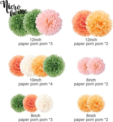 NICROHOME Sage Green Tissue Paper Pom Poms ديكورات الحفلات، 12 قطعة أبيض وردي أخضر عيد ميلاد زينة استحمام الطفل، بوهو محايدة لحفلات الزفاف وحفلات الخطوبة in Kuwait
