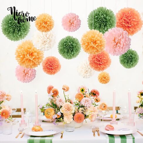 NICROHOME Sage Green Tissue Paper Pom Poms ديكورات الحفلات، 12 قطعة أبيض وردي أخضر عيد ميلاد زينة استحمام الطفل، بوهو محايدة لحفلات الزفاف وحفلات الخطوبة in Kuwait