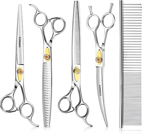 Gimars 8 Inch Professional 440C Stainless Steel Dog Grooming Scissors Heavy Duty 6 In 1 - Straight, Thinning, Chunker, Curved Shears and Comb, Ergonomic Pet Grooming Scissor for Dogs, Cats in Kuwait