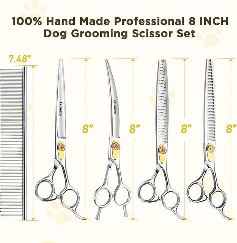 Gimars 8 Inch Professional 440C Stainless Steel Dog Grooming Scissors Heavy Duty 6 In 1 - Straight, Thinning, Chunker, Curved Shears and Comb, Ergonomic Pet Grooming Scissor for Dogs, Cats in Kuwait