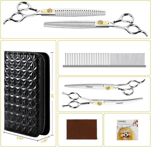 Gimars 8 Inch Professional 440C Stainless Steel Dog Grooming Scissors Heavy Duty 6 In 1 - Straight, Thinning, Chunker, Curved Shears and Comb, Ergonomic Pet Grooming Scissor for Dogs, Cats in Kuwait