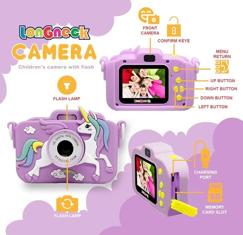 Unicorn Camera for Kids - Toddler Digital Selfie Camera with Silicone Cover, Flash and 32GB SD Card - Children Toy HD Video Kids Camera for Girls and Boys 3-12 Years Old - Blue in Kuwait