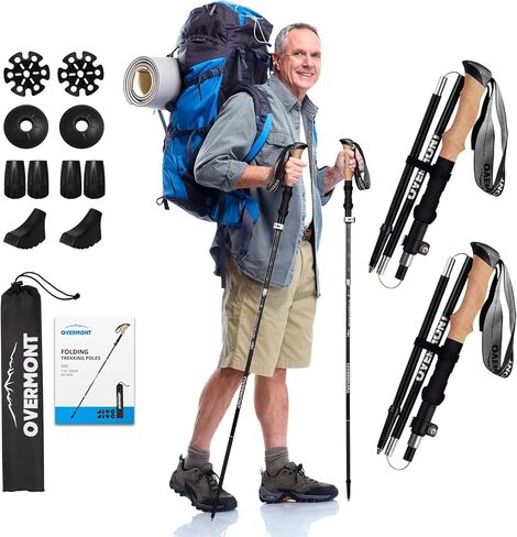 Overmont Collapsible Trekking Poles - Lightweight Folding Hiking Poles for Women Men - Walking Sticks for Hiking - Adjustable Hiking Sticks with Quick Flip Lock & All Terrain Accessories - Set of 2 in Kuwait