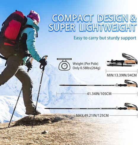 Overmont Collapsible Trekking Poles - Lightweight Folding Hiking Poles for Women Men - Walking Sticks for Hiking - Adjustable Hiking Sticks with Quick Flip Lock & All Terrain Accessories - Set of 2 in Kuwait