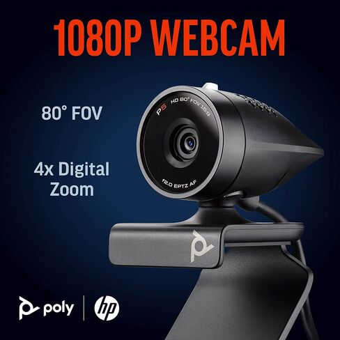 كاميرا ويب Poly Studio P5 USB 1080p (Plantronics + Polycom) - كاميرا HD للكمبيوتر الشخصي/الكمبيوتر المحمول لمؤتمرات الفيديو - تعويض الإضاءة العالية/المنخفضة - حامل شاشة وحامل ثلاثي القوائم - مصراع الخصوصية - معتمد من Teams/Zoom in Saudi Arabia