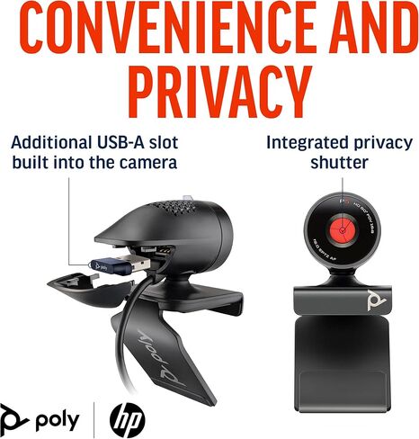 كاميرا ويب Poly Studio P5 USB 1080p (Plantronics + Polycom) - كاميرا HD للكمبيوتر الشخصي/الكمبيوتر المحمول لمؤتمرات الفيديو - تعويض الإضاءة العالية/المنخفضة - حامل شاشة وحامل ثلاثي القوائم - مصراع الخصوصية - معتمد من Teams/Zoom in Saudi Arabia