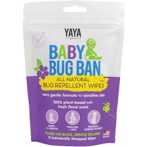 YAYA ORGANICS Baby Bug BAN Insect Repellent Wipes – All-Natural, DEET-Free, Non-Toxic, for Babies, Kids, Pregnant and Nursing Moms and Sensitive Skin (12 Count, Pack of 1)