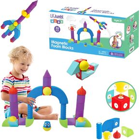 Lil' Jumbl Magnetic Foam Blocks – STEM Preschool Sensory Toys for Children, Toddlers, Boys, and Girls – 16 Piece Set, Bath Building Blocks, The Supreme Bath Toy, Engineering Toys for Kids 3-6