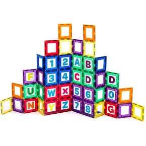 Playmags Magnetic Tile Building Set: Exclusive Educational Clickins 36-Pc. Kit: 18 Super Strong Clear Color Magnet Tiles Windows & 18 Letters & Numbers Stimulate Creativity & Brain Development