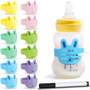 12 Pcs Baby Bottle Labels for Daycare, Silicone Daycare Bottle Labels Day Care Essentials Reusable Waterproof Water Bottle Name Bands in Shape Design with Marker Pens, 6 Colors (Dog Style)