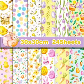 24 Sheets 12'' × 12'' Easter Design Scrapbook Paper Bunny Chicken Easter Egg Floral Patterned Double-Sided Spring Decorative Craft Paper Folded Flat for Card Making Photo Album DIY Craft