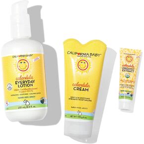مجموعة الترطيب المكثف من كاليفورنيا بيبي آذريون | لوشن آذريون 8.5 أونصة + كريم آذريون 6 أونصة + 0.4 أونصة زيت آذريون عضوي | نباتي 100% | مناسب للحساسية | يهدئ البشرة الجافة والمتهيجة in Kuwait