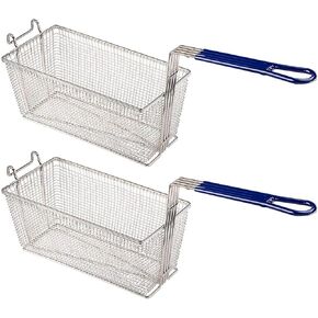 Deep Fryer Basket With Non-Slip Handle Front Hook (2 Pack), Heavy Duty Nickel Plated Iron Construction, 13 1/4" x 6 1/2" x 6" - Commercial Use